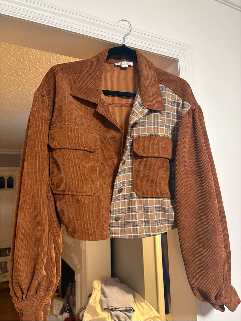 HYFVE Brown Cropped Corduroy Plaid Patchwork Jacket medium
